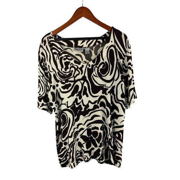 Chicos Travelers Womens V-Neck Brown & Cream Abstract Top Size 3 Acetate/Spandex - Picture 1 of 4